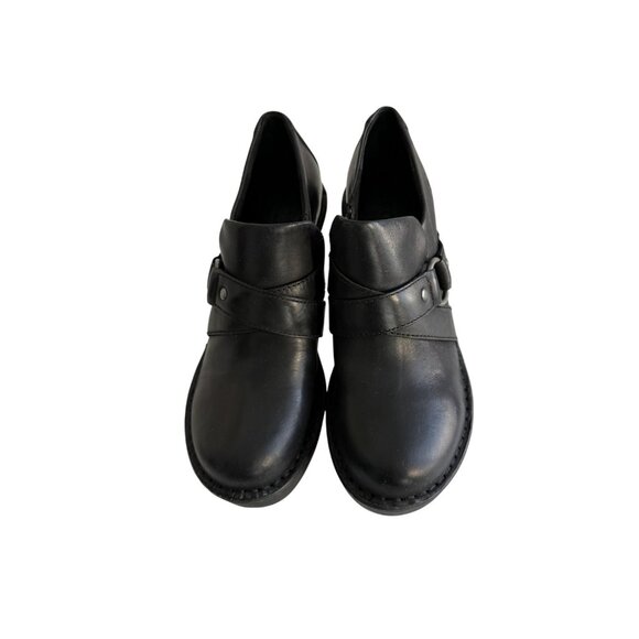 Born Onega Chunky Clogs Block Heels Harness Strap Black Leather Womens 6 - Picture 2 of 10